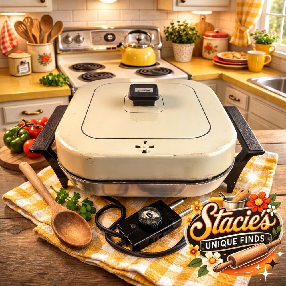 Vintage Sunbeam electric skillet w lid & temp control – works great